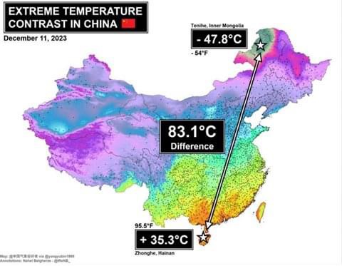 Хятадын зарим газар -47.8 хэмд хүрч хүйтэрсэн бол зарим газар +35.3 хэмд хүрч халжээ