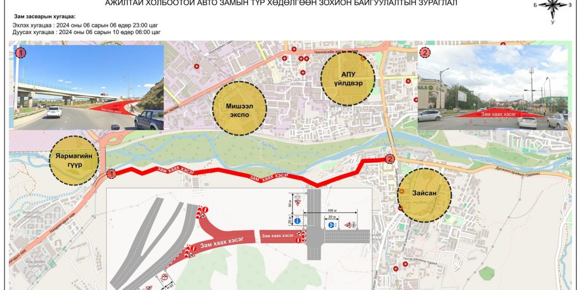 ХААИС-аас Яармагийн гүүр хүртэлх авто замыг энэ сарын 6-ны 23:00 цагаас түр хааж, засварлана
